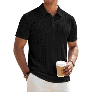 image:imageJMIERR Mens Textured Collared Casual Short Sleeve Knit Polo ShirtsBlack