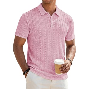 image:imageJMIERR Mens Textured Collared Casual Short Sleeve Knit Polo ShirtsPink