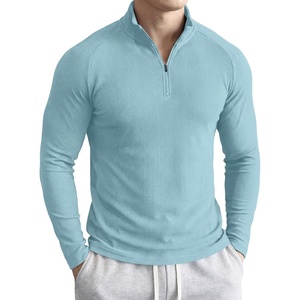 image:imageJMIERR Mens Quarter Zip Pullover Muscle Fit Ribbed Long Sleeve Gym T ShirtsLight Blue