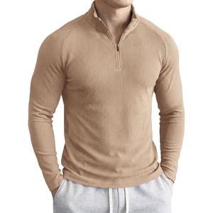 image:imageJMIERR Mens Quarter Zip Pullover Muscle Fit Ribbed Long Sleeve Gym T ShirtsPale Khaki