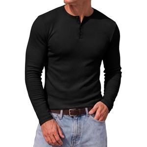 image:imageJMIERR Mens Ribbed Henley Shirt High Stretch Long Sleeve0 Black