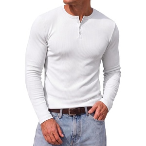 image:imageJMIERR Mens Ribbed Henley Shirt High Stretch Long Sleeve0 White