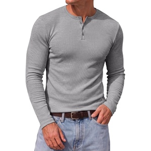image:imageJMIERR Mens Ribbed Henley Shirt High Stretch Long SleeveA Grey