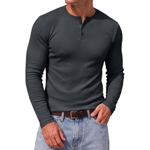 image:imageJMIERR Mens Ribbed Henley Shirt High Stretch Long SleeveB Grey