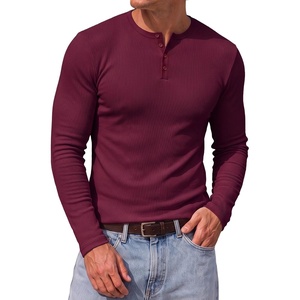 image:imageJMIERR Mens Ribbed Henley Shirt High Stretch Long SleeveC Red