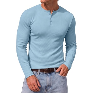 image:imageJMIERR Mens Ribbed Henley Shirt High Stretch Long SleeveD Blue 2