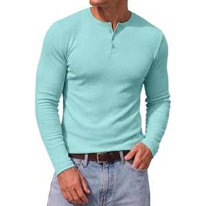 image:imageJMIERR Mens Ribbed Henley Shirt High Stretch Long SleeveD Blue 4