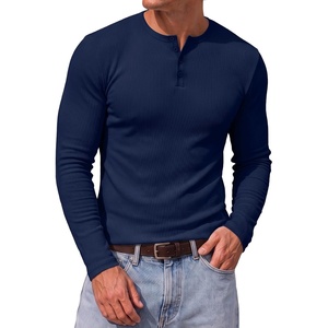 image:imageJMIERR Mens Ribbed Henley Shirt High Stretch Long SleeveD Blue