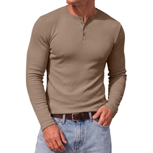 image:imageJMIERR Mens Ribbed Henley Shirt High Stretch Long SleeveD Brown