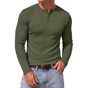 image:imageJMIERR Mens Ribbed Henley Shirt High Stretch Long SleeveD Green