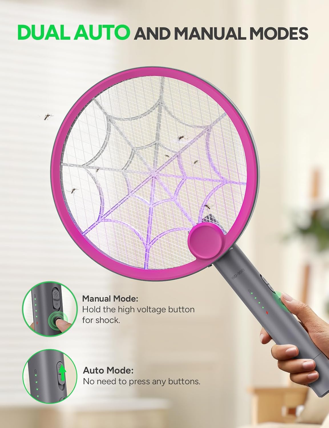 3800V Electric Fly Swatter, Dual Modes Bug Zapper Racket, 1500mAh Type-C Rechargeable Battery, Portable and Foldable Fly Zapper Racket, for Indoor Outdoor Home Patio Camping 