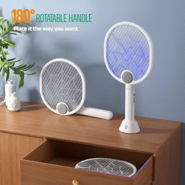 Electric Fly Swatter, Type-C Rechargeable Bug Zapper Racket with Charging Base, Foldable Bug Zapper for Indoor and Outdoor, Mosquito Swatter with Blue-Purple Working Light)