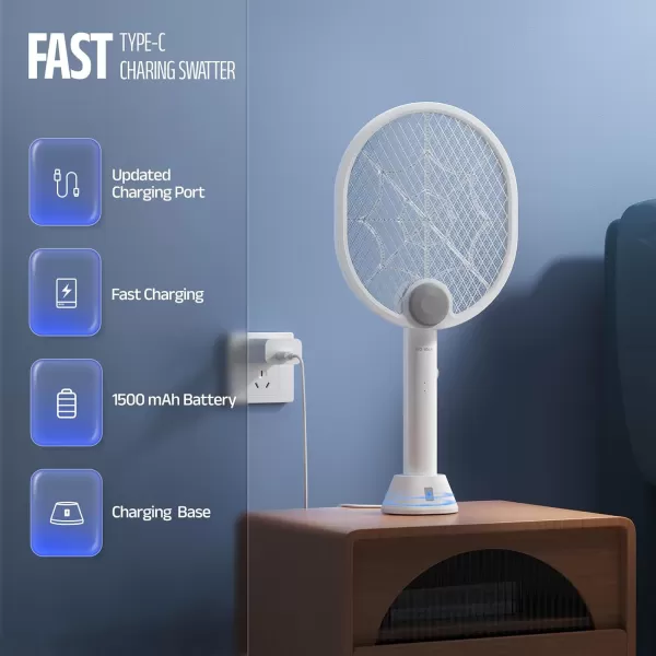 Electric Fly Swatter, Type-C Rechargeable Bug Zapper Racket with Charging Base, Foldable Bug Zapper for Indoor and Outdoor, Mosquito Swatter with Blue-Purple Working Light)