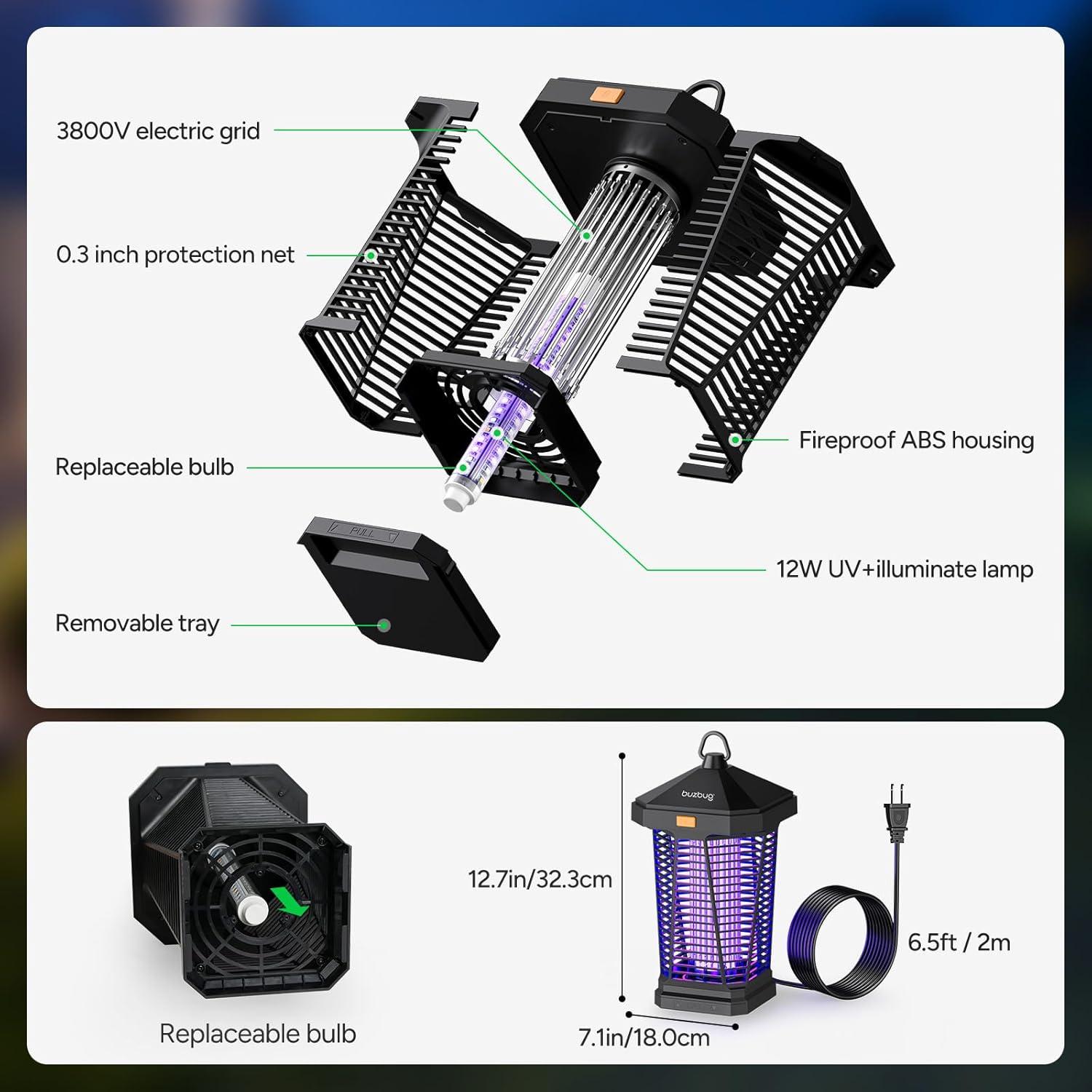 imageBuzbug LED Bug Zapper Outdoor and Lighting 10 Years Lifespan IPX4 Waterproof 3800V HighVoltage Fireproof Shell 65ft Power Cord Fruit Fly Mosquito Moth Gnat Wasp Zapper Trap Killer MA20