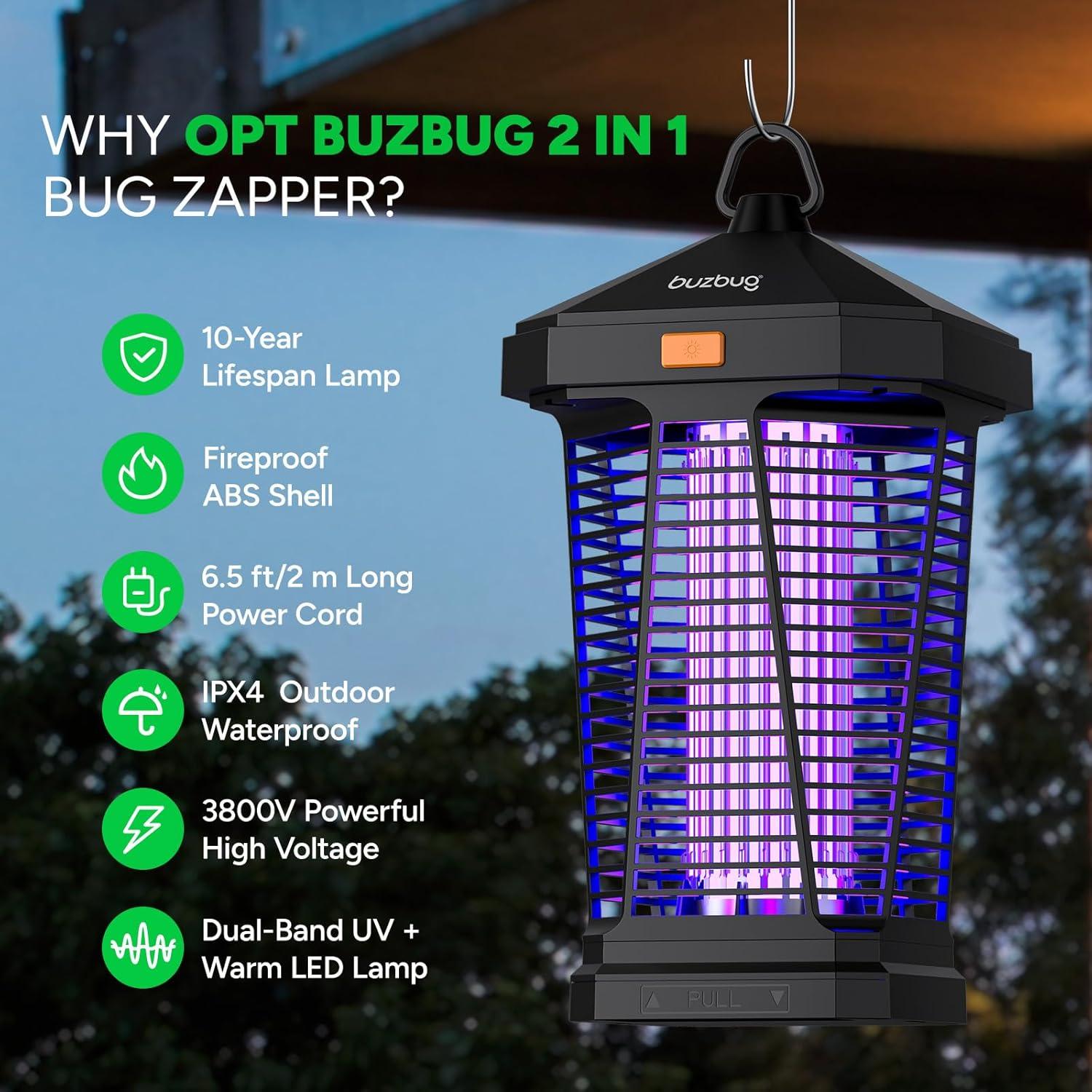 imageBuzbug LED Bug Zapper Outdoor and Lighting 10 Years Lifespan IPX4 Waterproof 3800V HighVoltage Fireproof Shell 65ft Power Cord Fruit Fly Mosquito Moth Gnat Wasp Zapper Trap Killer MA20