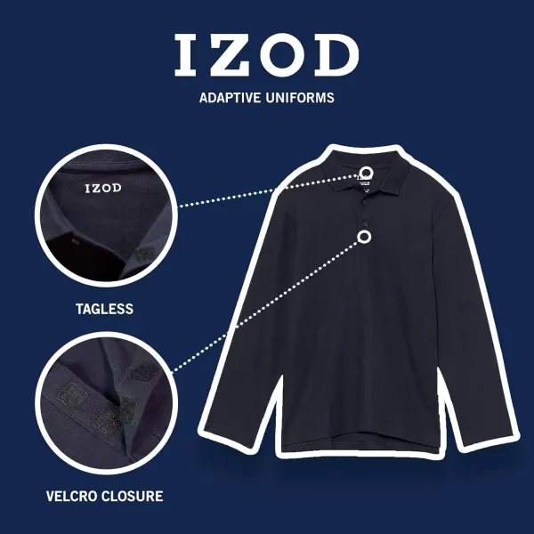 IZOD Boys' School Uniform Adaptive Long Sleeve Polo Shirt, Velcro Closure &amp; Faux Buttons, Comfortable Pique Fabric