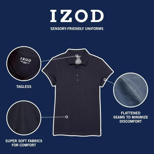IZOD Girls' School Uniform Sensory-Friendly Short Sleeve Polo Shirt, Button Closure &amp; Tagless Inner Neckline