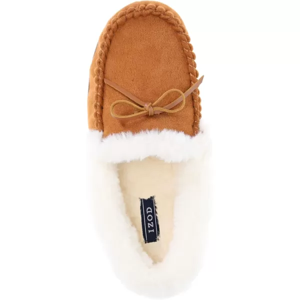 IZOD Ladies' Brooklyn Moccasin Slipper, Plaid House Shoes with Sherpa Fleece Lining, Red/Black, Size 6-11