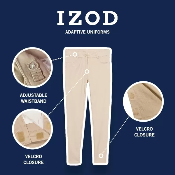 IZOD Girls' School Uniform Adaptive Chino Pants, Adjustable Waistband &amp; Faux Buttons, Velcro Closure