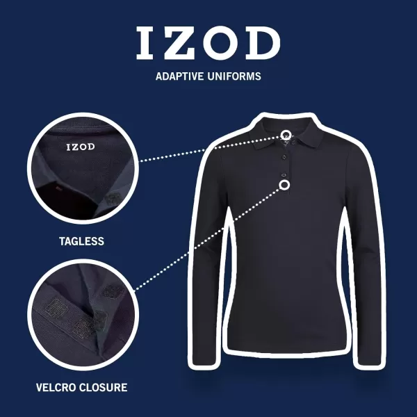 IZOD Girls' School Uniform Adaptive Long Sleeve Polo Shirt, Velcro Closure &amp; Faux Buttons, Comfortable Interlock Fabric