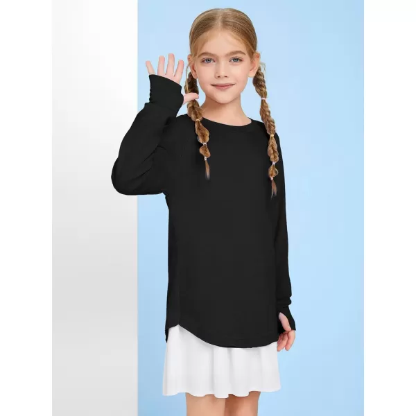 Girls Thumb Holes Long Sleeve Shirts Kids Crewneck Hem Loose Tunic Tops 5-14 Years