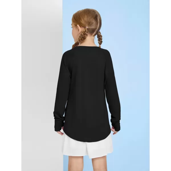 Girls Thumb Holes Long Sleeve Shirts Kids Crewneck Hem Loose Tunic Tops 5-14 Years