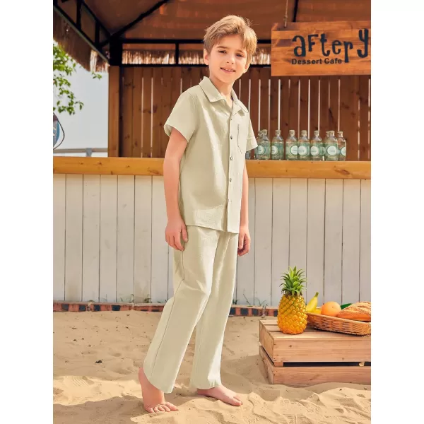 Haloumoning Boys 2 Piece Outfits Button Down Short Sleeve Shirt And Elastic Waist Pants Set with Pockets 5-14 Years