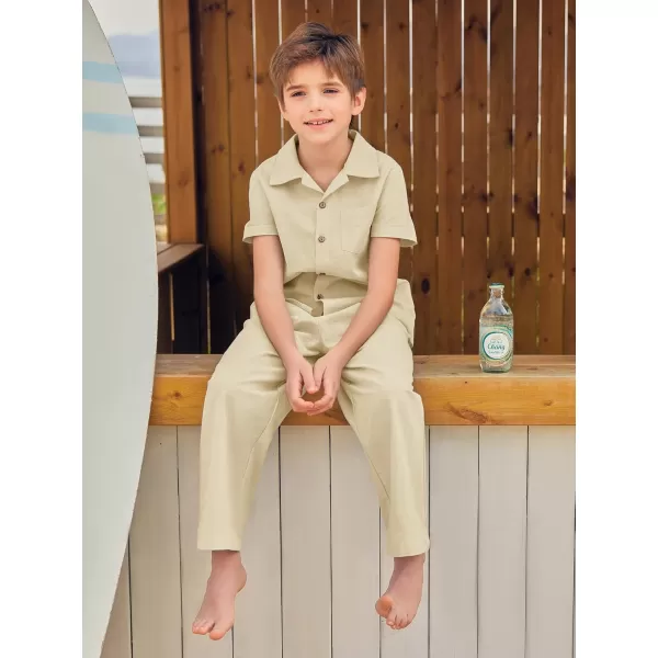 Haloumoning Boys 2 Piece Outfits Button Down Short Sleeve Shirt And Elastic Waist Pants Set with Pockets 5-14 Years