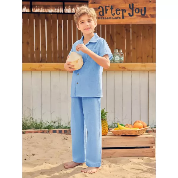 Haloumoning Boys 2 Piece Outfits Button Down Short Sleeve Shirt And Elastic Waist Pants Set with Pockets 5-14 Years