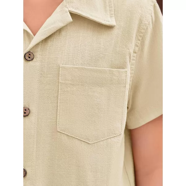 Haloumoning Boys 2 Piece Outfits Button Down Short Sleeve Shirt And Elastic Waist Pants Set with Pockets 5-14 Years
