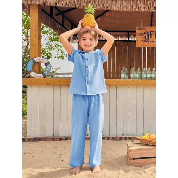 Haloumoning Boys 2 Piece Outfits Button Down Short Sleeve Shirt And Elastic Waist Pants Set with Pockets 5-14 Years