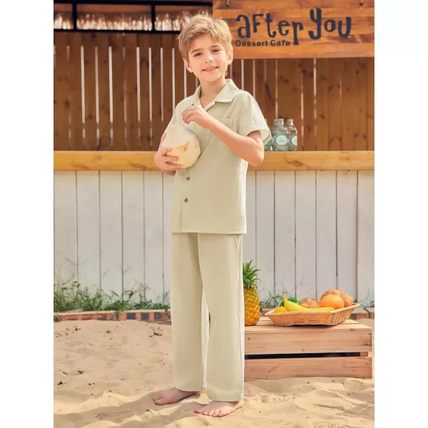 Haloumoning Boys 2 Piece Outfits Button Down Short Sleeve Shirt And Elastic Waist Pants Set with Pockets 5-14 Years
