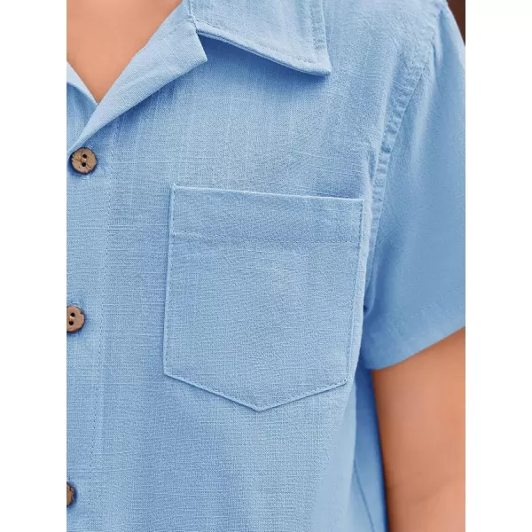Haloumoning Boys 2 Piece Outfits Button Down Short Sleeve Shirt And Elastic Waist Pants Set with Pockets 5-14 Years