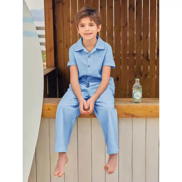 Haloumoning Boys 2 Piece Outfits Button Down Short Sleeve Shirt And Elastic Waist Pants Set with Pockets 5-14 Years