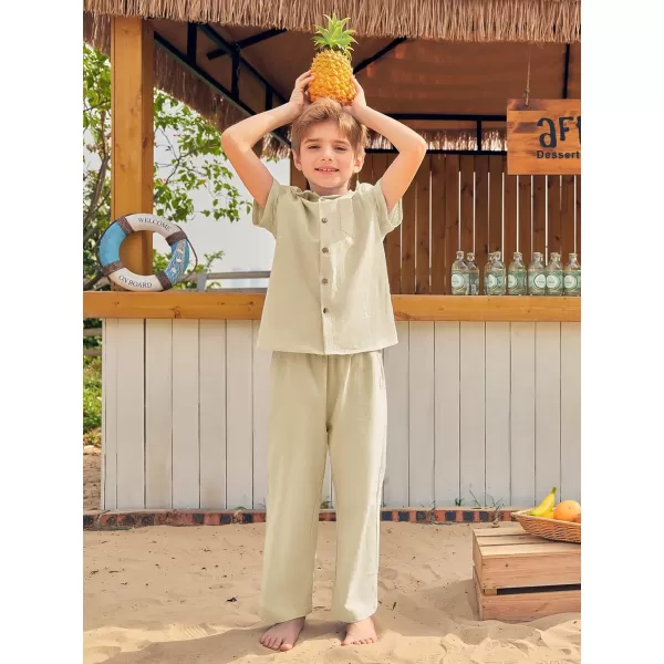 Haloumoning Boys 2 Piece Outfits Button Down Short Sleeve Shirt And Elastic Waist Pants Set with Pockets 5-14 Years
