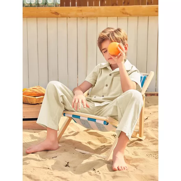 Haloumoning Boys 2 Piece Outfits Button Down Short Sleeve Shirt And Elastic Waist Pants Set with Pockets 5-14 Years