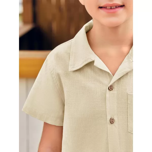 Haloumoning Boys 2 Piece Outfits Button Down Short Sleeve Shirt And Elastic Waist Pants Set with Pockets 5-14 Years