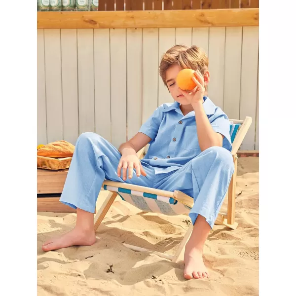 Haloumoning Boys 2 Piece Outfits Button Down Short Sleeve Shirt And Elastic Waist Pants Set with Pockets 5-14 Years