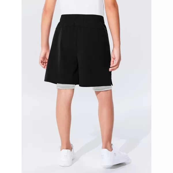 Haloumoning Boys 2 in 1 Basketball Shorts Kids Athletic Running Gym Shorts with Compression Liner 4-14 Years