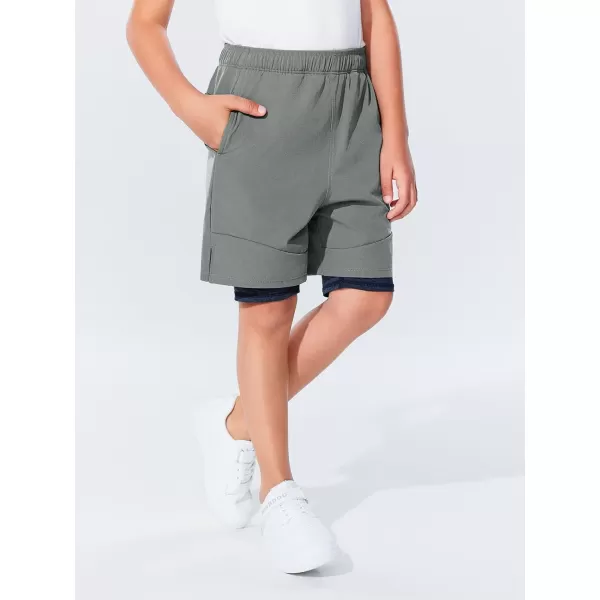 Haloumoning Boys 2 in 1 Basketball Shorts Kids Athletic Running Gym Shorts with Compression Liner 4-14 Years
