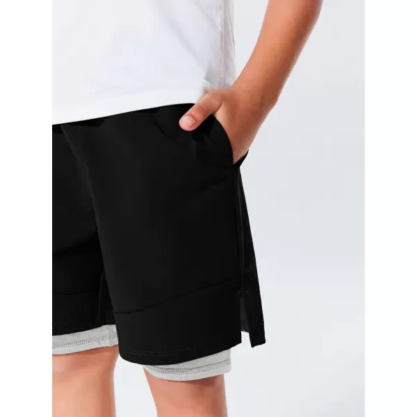 Haloumoning Boys 2 in 1 Basketball Shorts Kids Athletic Running Gym Shorts with Compression Liner 4-14 Years