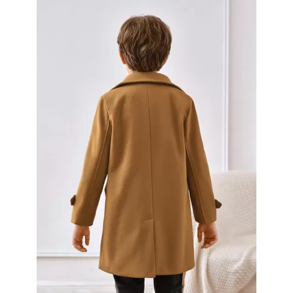 Haloumoning Boys Double Breasted Peacoat Notched Lapel Collar Wool Blend Long Coat with Pockets