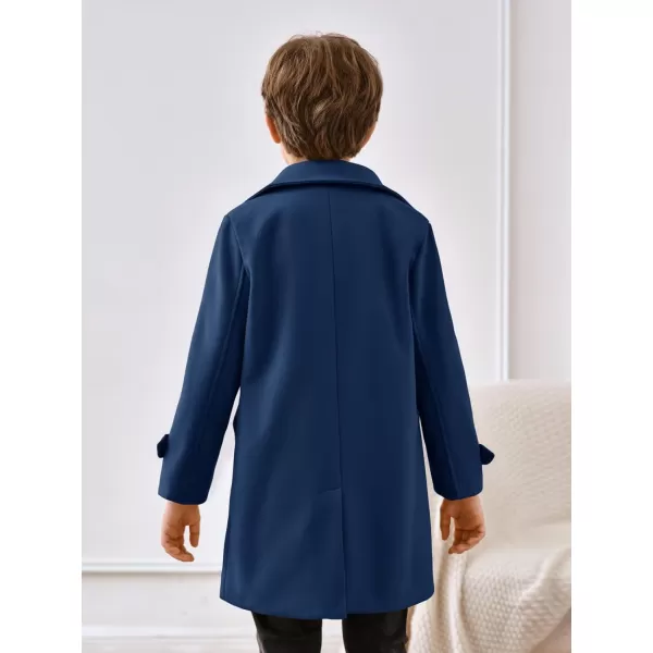 Haloumoning Boys Double Breasted Peacoat Notched Lapel Collar Wool Blend Long Coat with Pockets