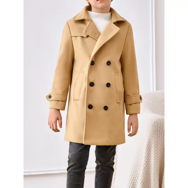 Haloumoning Boys Double Breasted Peacoat Notched Lapel Collar Wool Blend Long Coat with Pockets