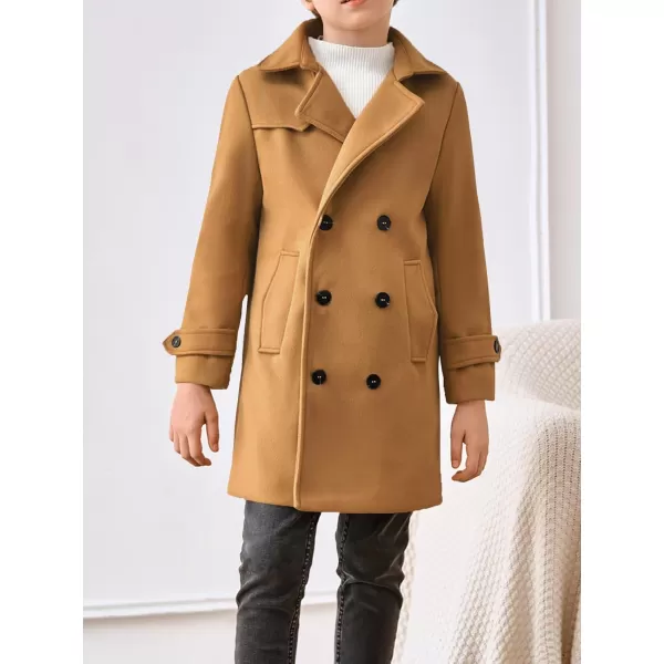 Haloumoning Boys Double Breasted Peacoat Notched Lapel Collar Wool Blend Long Coat with Pockets