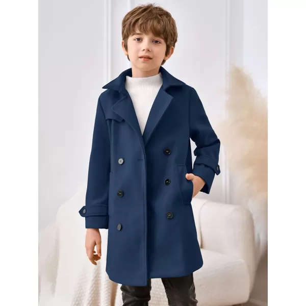 Haloumoning Boys Double Breasted Peacoat Notched Lapel Collar Wool Blend Long Coat with Pockets