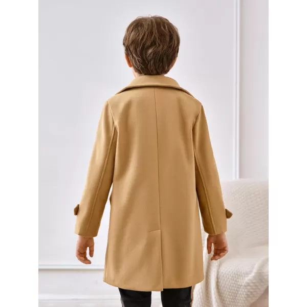 Haloumoning Boys Double Breasted Peacoat Notched Lapel Collar Wool Blend Long Coat with Pockets