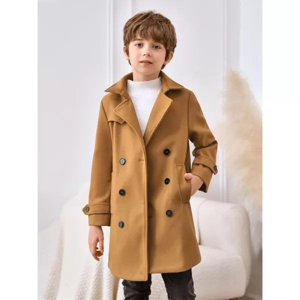 Haloumoning Boys Double Breasted Peacoat Notched Lapel Collar Wool Blend Long Coat with Pockets