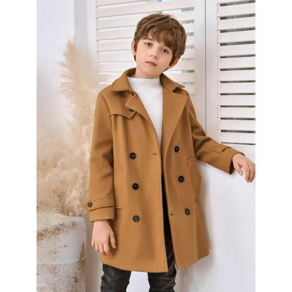 Haloumoning Boys Double Breasted Peacoat Notched Lapel Collar Wool Blend Long Coat with Pockets