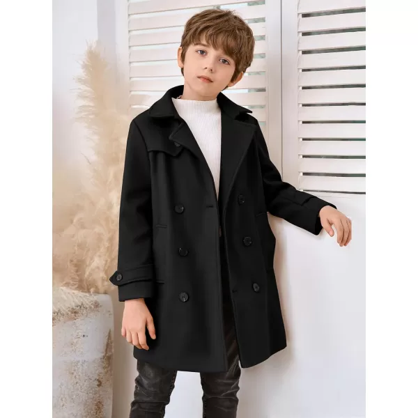 Haloumoning Boys Double Breasted Peacoat Notched Lapel Collar Wool Blend Long Coat with Pockets